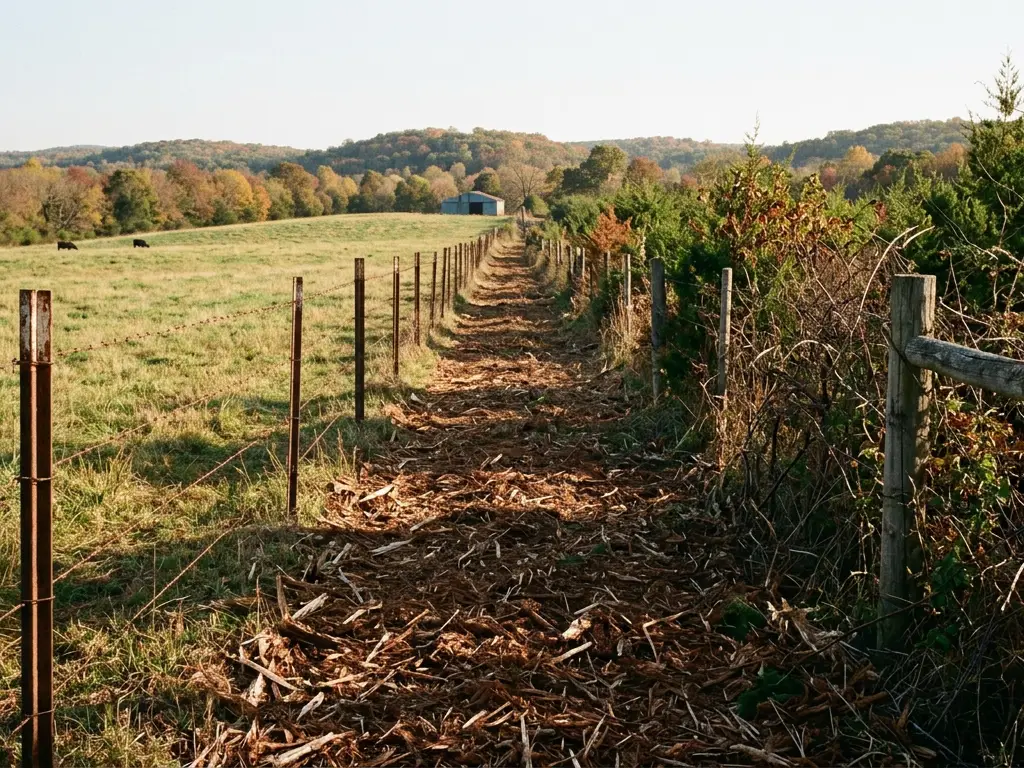 Barbed-wire fence row half cleared of cedar and brush on a cattle pasture in Greene County, MO