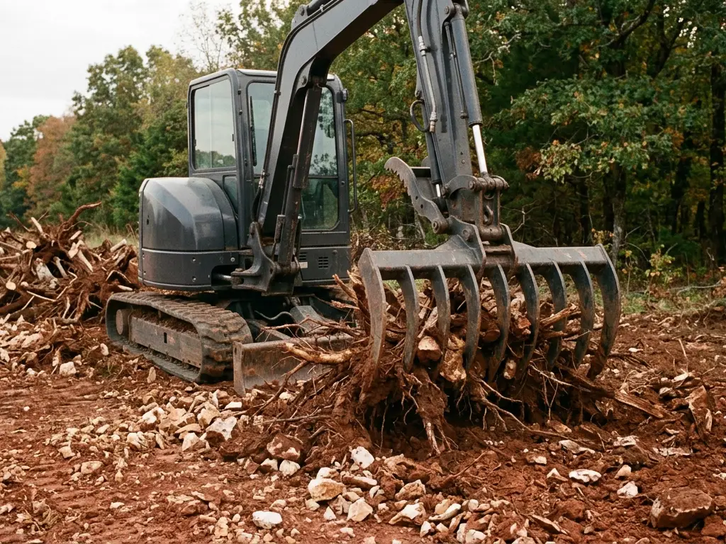 Excavator with a root rake pulling oak stumps and roots out of red clay and chert near Springfield, MO
