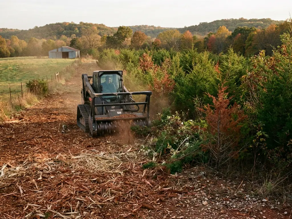 Tracked skid steer with a forestry mulcher grinding young cedar along a fence line on a pasture near Springfield, MO
