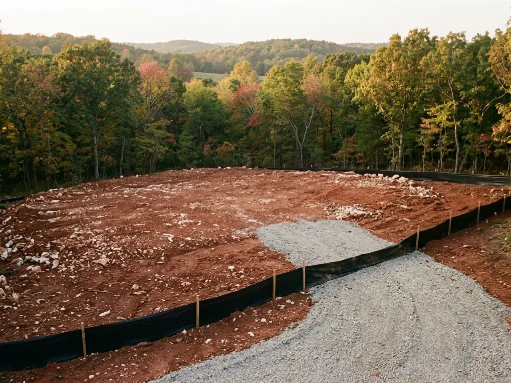 Rough-graded building pad and new gravel driveway on a cleared wooded lot near Ozark, MO