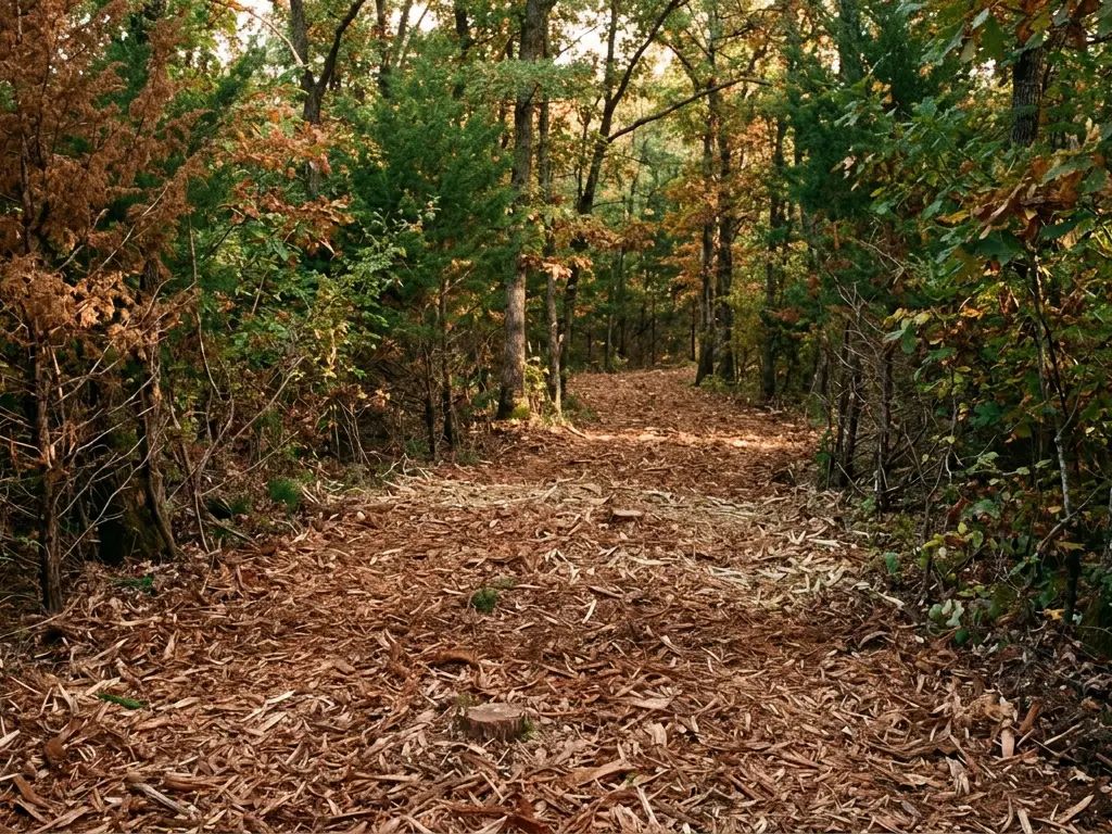 Freshly mulched path cut through oak and cedar woods in Christian County south of Springfield, MO